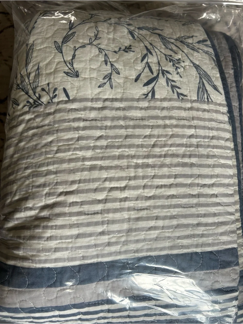 Reversible Floral and Stripe Quilt Set in Blue and White